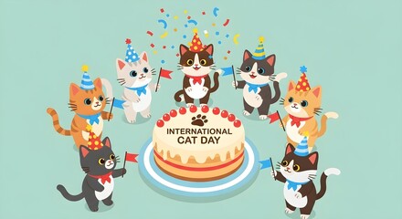Festive cats celebrate International Cat Day with a cake and confetti.