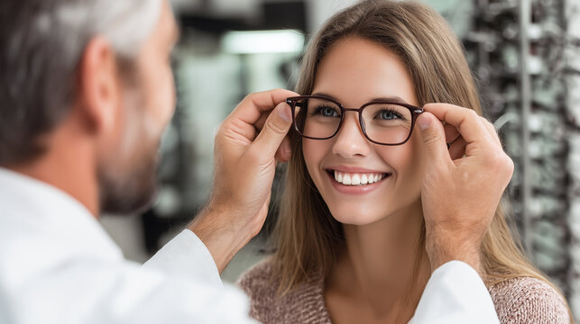 Happy young woman trying on stylish eyeglasses with assistance from an optometrist in an eyewear store, capturing the joy of selecting perfect frames