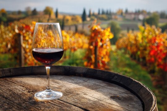 Red wine glass on wooden barrel, autumn vineyard