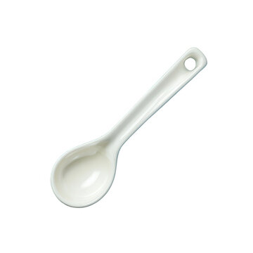 A clean, white ceramic spoon with a long handle, perfect for serving or measuring. Ideal for culinary presentations and kitchen accessories.