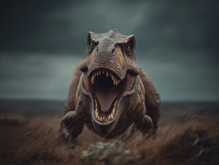 Aggressive Tyrannosaurus rex roaring with open jaws in prehistoric landscape under dramatic cloudy sky showcasing primal predator instinct