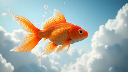 A vibrant goldfish gracefully swims through a fluffy, cloud-filled sky, creating a surreal scene.