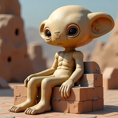 A 3D render, small, furry alien sits on a pile of bricks. The alien has a big, black eye and a small, round head. The scene is set in a desert, with a large rock in the background