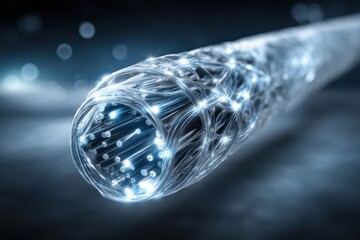 A detailed view of a transparent glass tube with a bright light illuminating it, creating a futuristic and modern vibe.