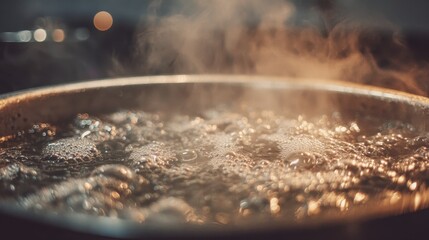 Boiling water bubbles vigorously in a pot with steam rising up. Use it for cooking, science, or demonstrating phase transition concepts.