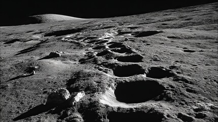 Fototapeta premium Lunar surface exploration reveals a stark landscape, with shadows highlighting craters and undulating terrain creating an alien ambiance.