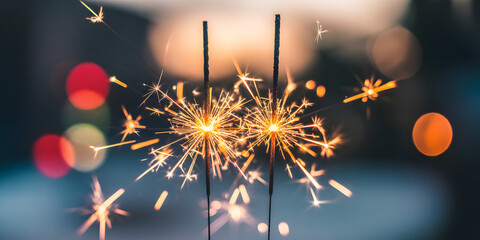 Glimmering sparklers shine brightly against a blurred background, perfect for festive celebrations and joyful moments during holidays