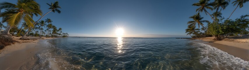 Sunset beach panorama tropical paradise hdr 360 degrees view calm ocean environment