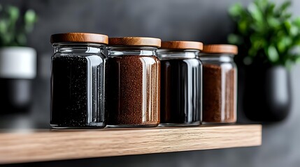 Glass jars with wooden lids filled with different types of ground coffee on wooden shelf against dark background with green plants, selective focus on foreground.