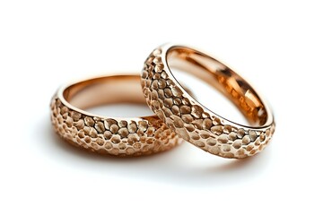 Pair of rose gold wedding bands with hammered texture pattern on white background, luxury jewelry photography for bridal and engagement concepts.