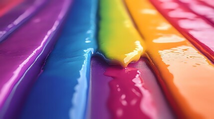 Vibrant diagonal stripes in rainbow colors with glossy wet surface texture creating dynamic abstract background pattern. Macro photography of colorful liquid lines.