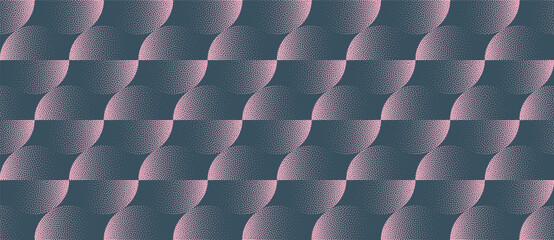 Abstract design showcases modern composition with circles divided into pink and blue tones, creating visually engaging grainy texture. Dotted halftone old fashioned chic fancy graphic abstraction