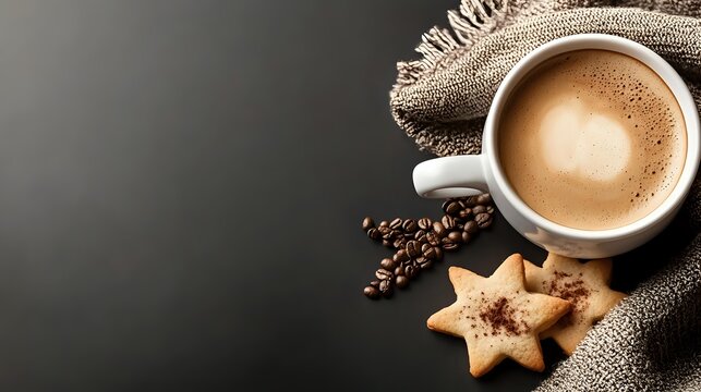Aromatic cappuccino with heart-shaped foam served with star-shaped cookies and scattered coffee beans on rustic burlap fabric against dark background.