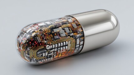 Futuristic medicine pill with visible internal electronic circuits and silver coating on a light gray backdrop showing innovation.