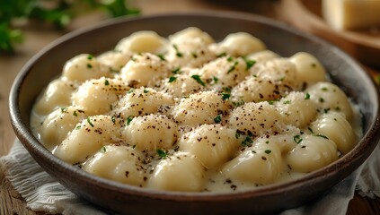 Homemade potato gnocchi in creamy white sauce garnished with fresh herbs and black pepper, served in rustic ceramic bowl on wooden table. Perfect for menu design.