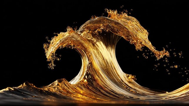 Golden liquid wave splashes against black