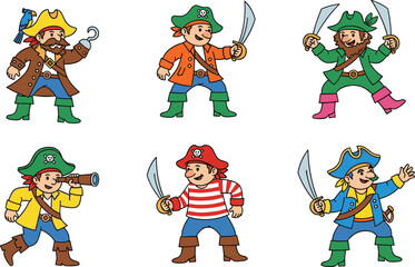 Cartoon pirate characters with swords, hooks, parrots, eye patches, colorful costumes, playful illustration for kids, adventure, fun, fantasy, design