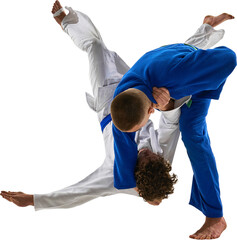 Martial artist in blue gi performs over-the-shoulder judo throw on white-clad opponent mid-air, on...