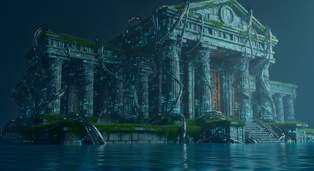 A submerged, overgrown ancient building, partially hidden by water and vegetation.