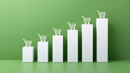 Growth Chart with Shopping Carts Representing Sales Increase on Green Background
