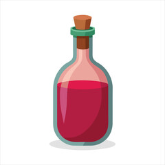 Glass bottle filled with a vibrant red liquid, sealed with a cork stopper and a green band, isolated on a white background