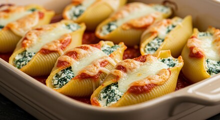 Delicious stuffed shells with spinach, cheese, and tomato sauce baked to perfection in a dish