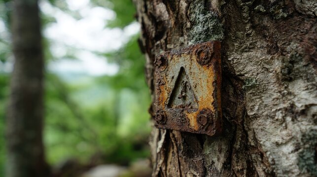 Rusted metal trail marker on tree trunk