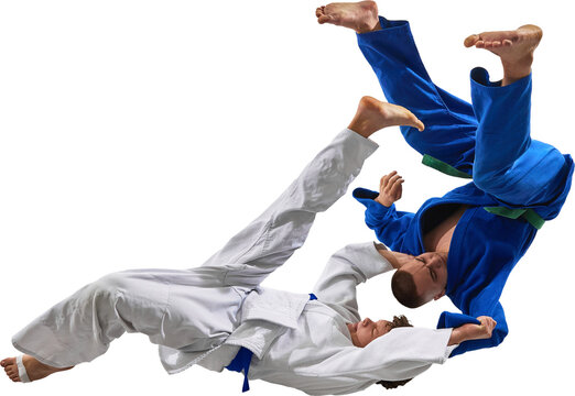 Judoka in white gi performs powerful hip throw lifting opponent mid-air with strength and control. Transparent background. Concept of combat sports, skill mastery, discipline, movement, competition. - Powered by Adobe