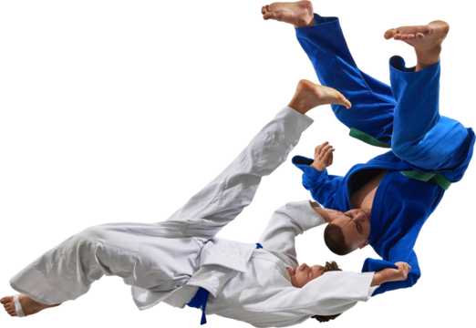 Judoka in white gi performs powerful hip throw lifting opponent mid-air with strength and control. Transparent background. Concept of combat sports, skill mastery, discipline, movement, competition.