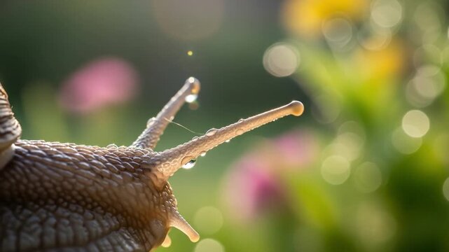 Macro close-up of snail with water droplets on its antennas in natural garden background