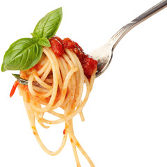 spaghetti on a fork with tomato sauce