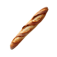 A freshly baked baguette with a crunchy crust and soft interior, perfect for sandwiches or as an accompaniment to meals, against a white isolated background.