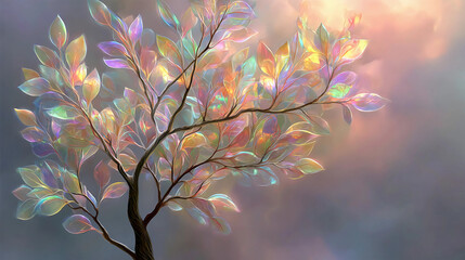 Tree with glass leaves reflecting rainbow sky, digital painting, fantasy style, soft lighting