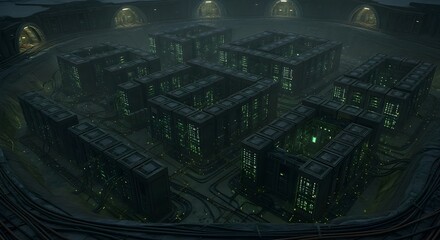A top-down view of a dark, intricate, futuristic city complex, with numerous interconnected buildings.