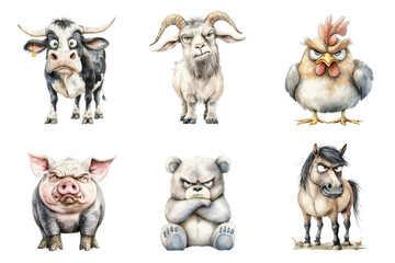 Naklejka premium Watercolor Painting Of A Cow Goat Chicken Pig Bear And Horse Showing Angry Expressions On A Transparent Background