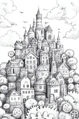 Obraz premium Handdrawn sketch of a town with interconnected houses and gears symbolizing teamwork and collaboration, background design for business and education, ultradetailed, highresolution