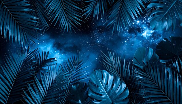 Tropical leaves at night under a starry sky