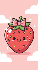 Cute Kawaii Strawberry Character with Pink Bow