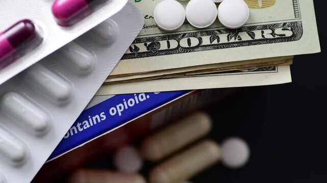 Macro close up of a medicine box with the words contains opioid, medicine tablets, capsule and US dollar bills isolated on black. A drug addiction, opioid concept.