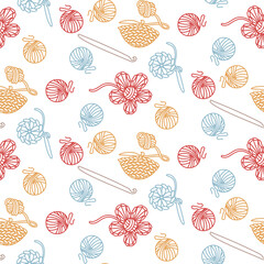 Pattern with crocheted items. Crochet hook, yarn, napkin, flower, half-ball in scribble style, colored. Suitable for creating prints, packaging, fabrics, blogs, handmade workshops. hand Made with love