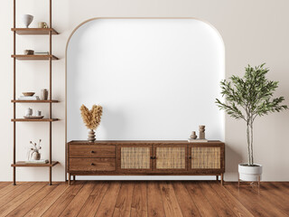 Boho style wooden sideboard with rattan doors and pampas decor isolated on transparent background...