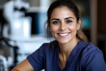Confident Hispanic female healthcare professional in navy blue scrubs smiling warmly at camera, medical office setting with equipment in background.