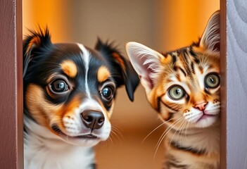 Obraz premium Adorable dog and cat peek playfully from opposite sides, eyes wide with curiosity, delightful, funny