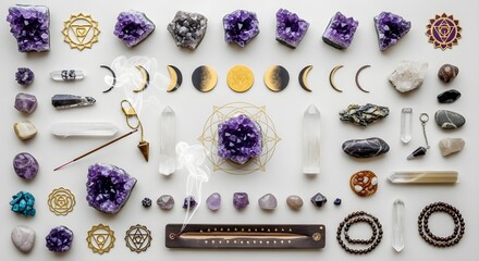 Flat lay arrangement of crystals, gemstones, and spiritual symbols on a white surface.