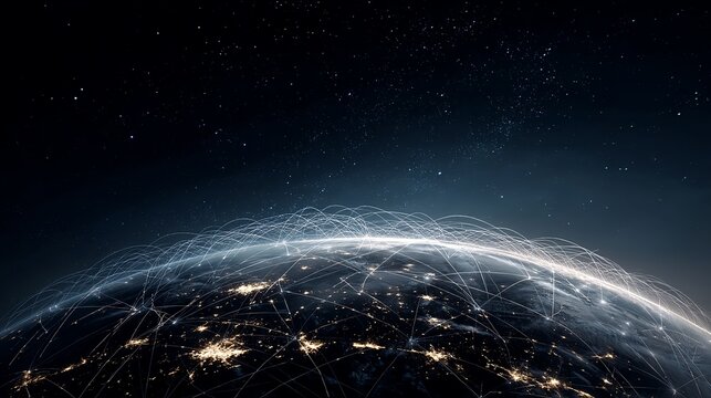 Global network connections over Earth, illuminated cities with connecting lines symbolizing digital communication and data transfer through space.