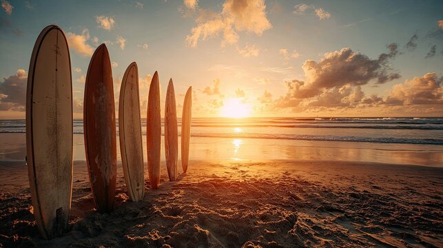 Surfboards on beach at sunset