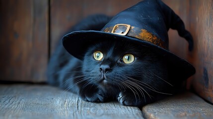 Black cat wearing witch hat with bright green eyes lying on wooden surface, mystical halloween mood for seasonal greeting cards and decorative designs.