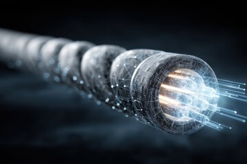 A detailed close-up of an underwater data cable with a glowing light emanating from it, visualized as a futuristic technology concept.