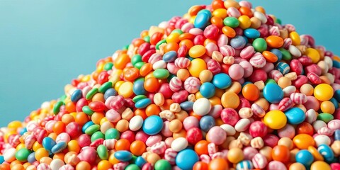 A vibrant rainbow cascade of assorted candies and sweets, playfully piled high,  cheerful,  assortment