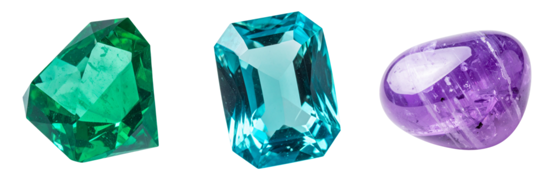 set of colorful gemstones isolated on transparent background